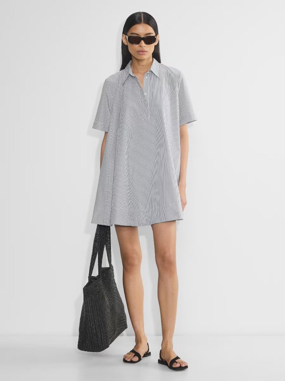 Aritzia Babaton Resolute Cotton Poplin Polo Mini Dress White Navy Stripe 2XS